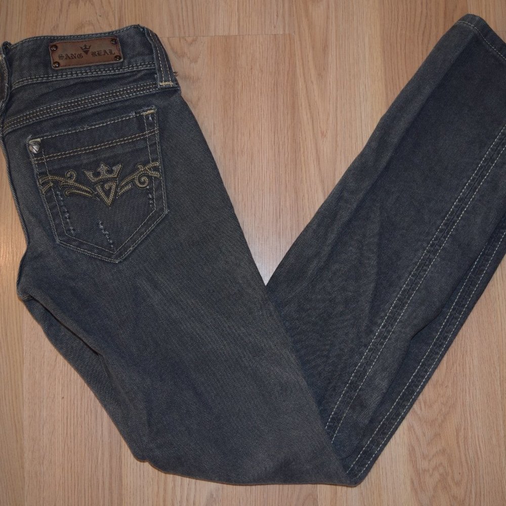 Women's Sang Real bootcut jeans, Size 25 grey with embellished pockets EUC